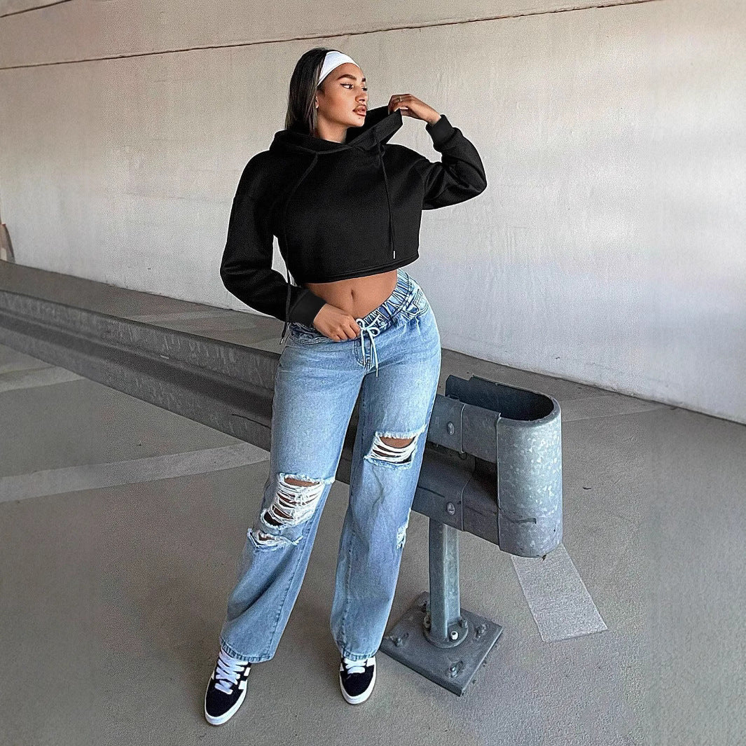 Damen kurzes Kapuzen-Sweatshirt Cropped-Hoodie mit Kordelzug gerippten Bündchen und lässiger Oversize-Passform Eichborn Berlin