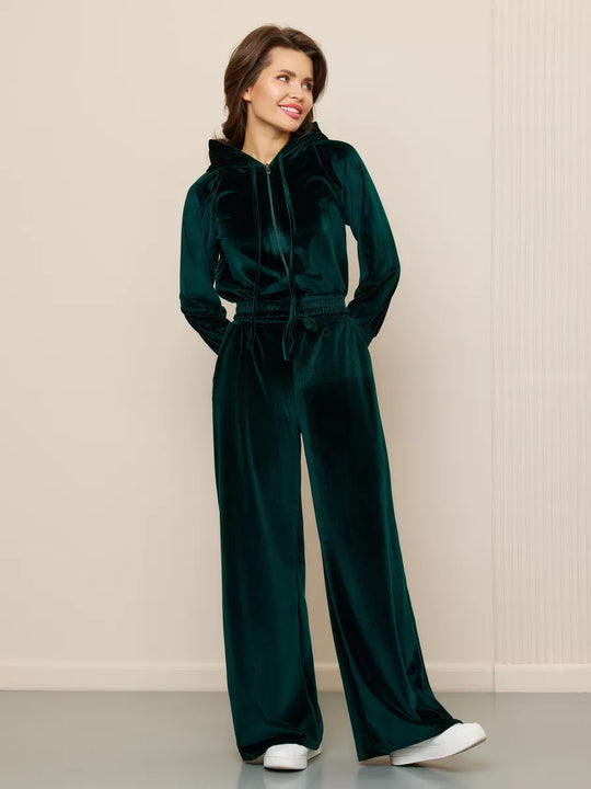 Damen luxuriöses Velours-Lounge-Set mit kurzem Reißverschluss-Hoodie und weitem Comfort-Hose EB