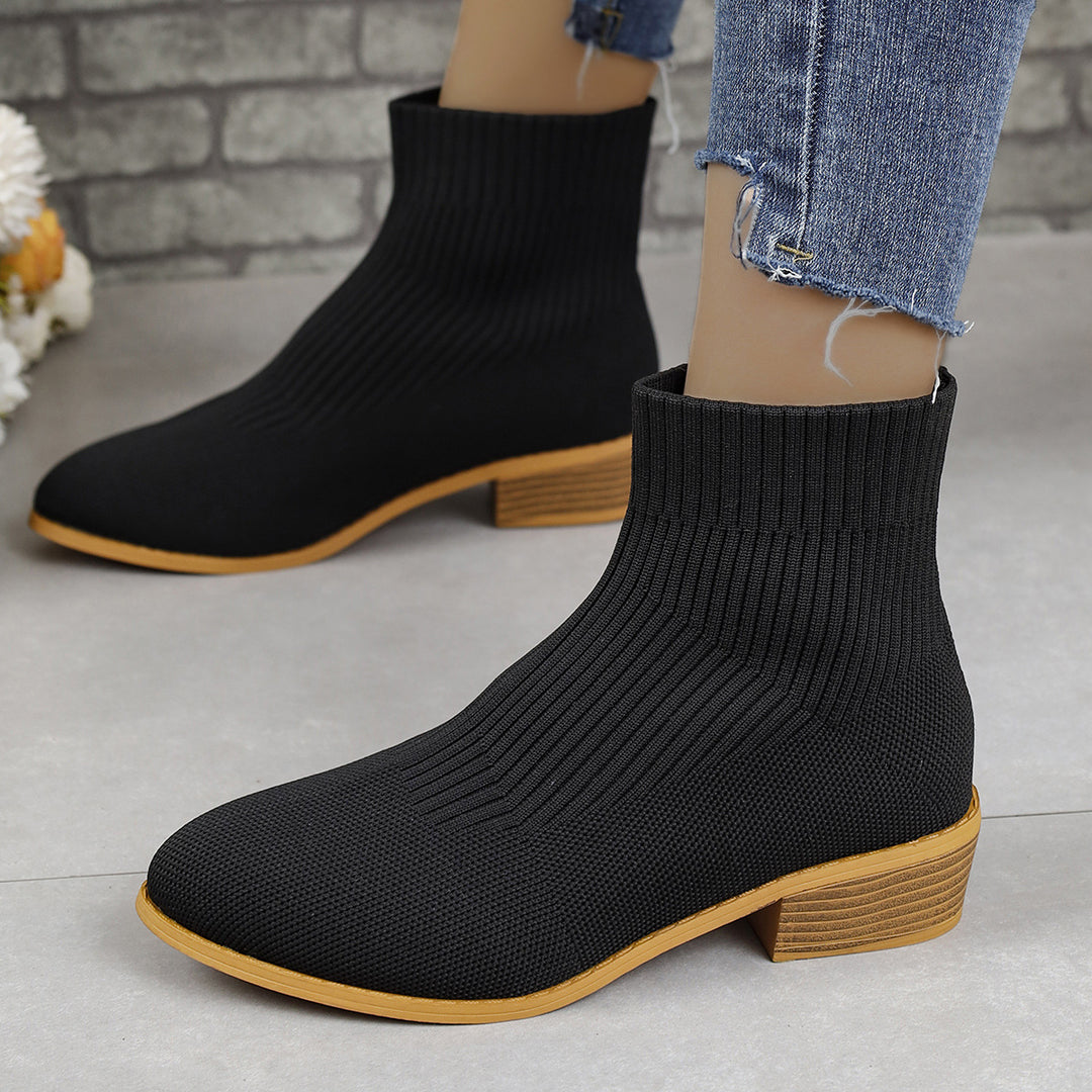 Damen nan gestrickte Sock-Ankleboots mit elastischem Schaft und niedrigem Holzblockabsatz EB