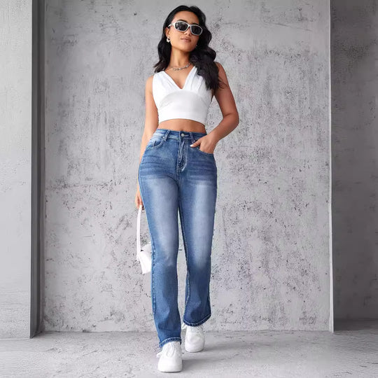 Damen High-Waist Stretch-Jeans mit geschnittenem Saum EB