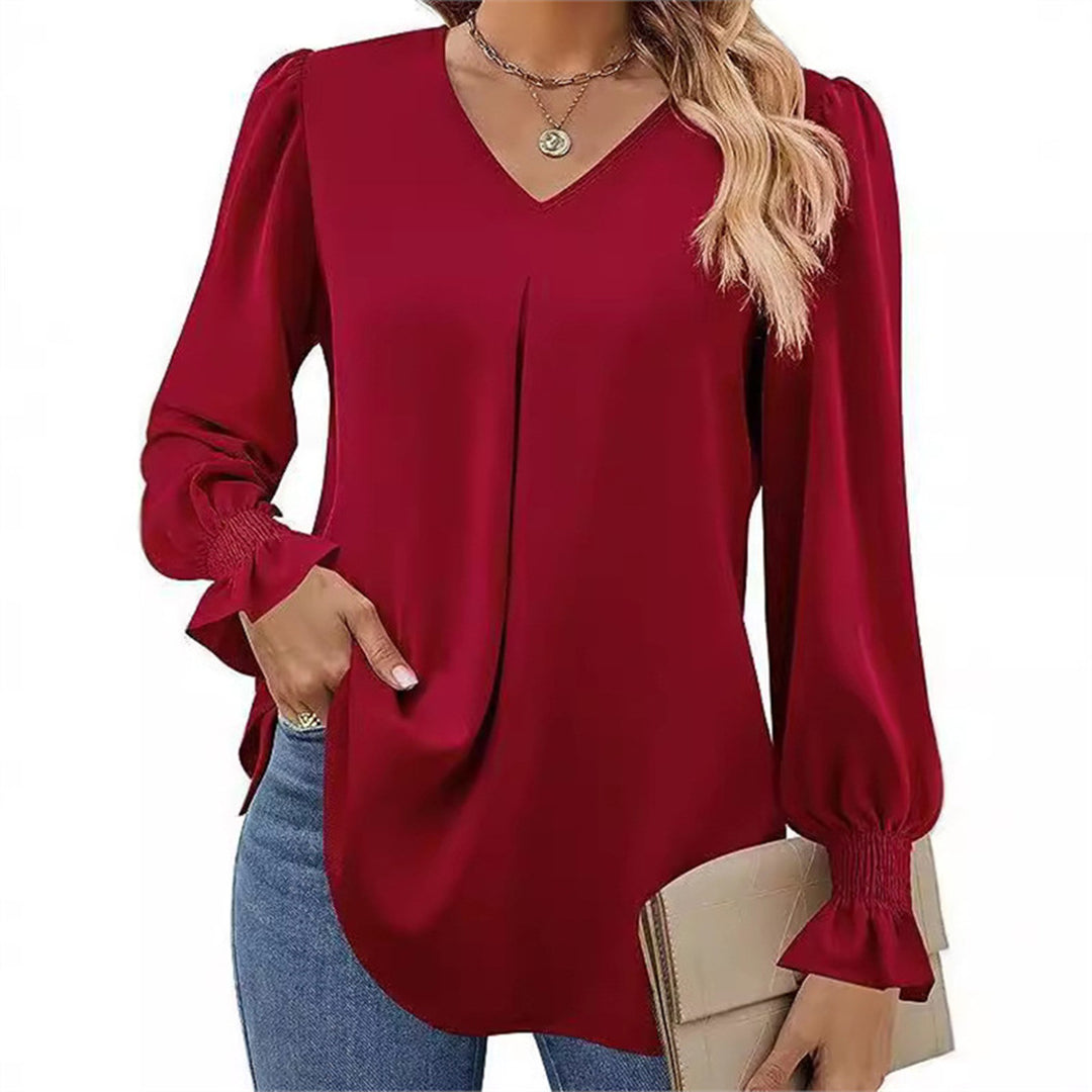 Damen fließende V-Ausschnitt Bluse mit eleganten Puffärmeln EB