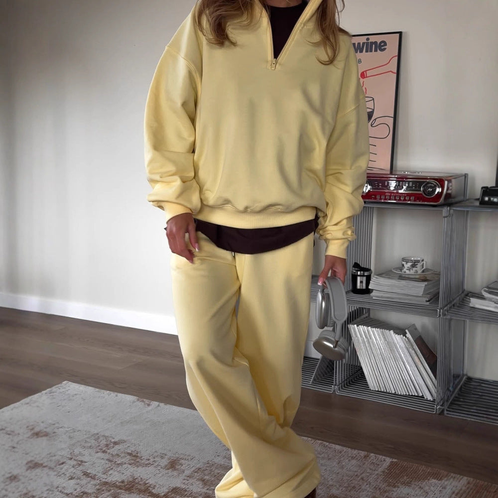 Damen gemütliches Fleece-Loungewear-Set mit Stehkragen und Reißverschluss EB