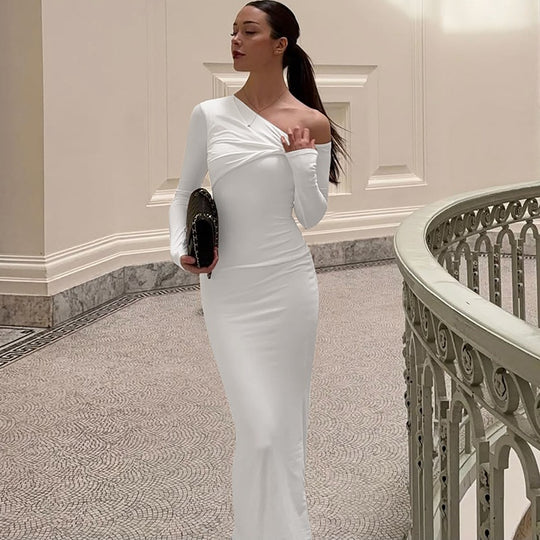 Damen Elegantes langärmliges Kleid mit asymmetrischem Ausschnitt EB