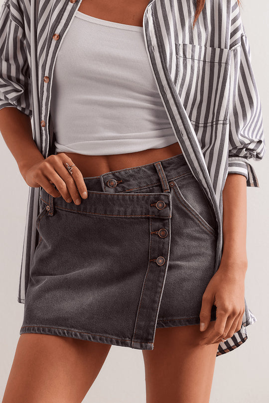 Damen modischer A-Linien-Denimrock mit asymmetrischem Knopfdesign und praktischen Taschen EB