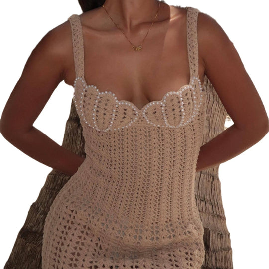 Damen Häkelkleid mit dekorativen Perlen EB