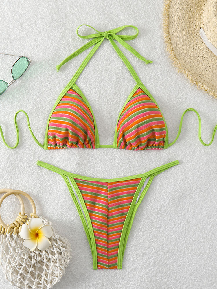 Damen Triangel-Bikini mit trendigem Streifenmuster und anpassbaren Bindebändern EB
