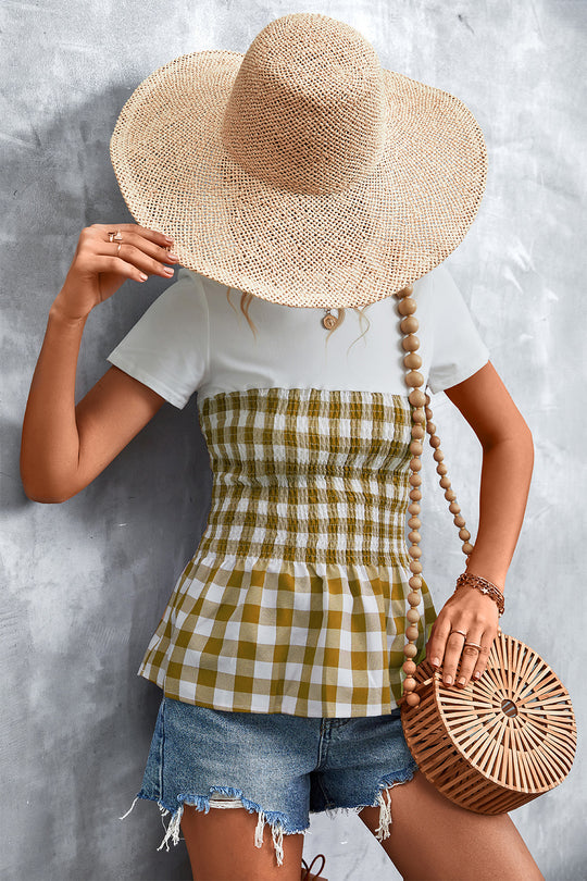 Damen Peplum-Oberteil mit kariertem Stoff und elastischer Taillierung EB