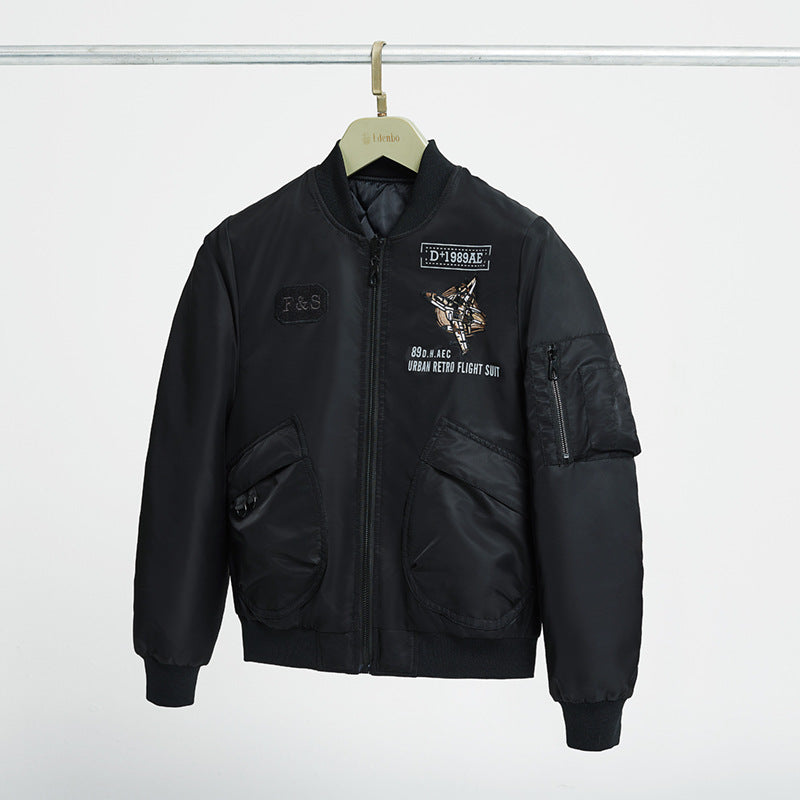Men's  padded pilot-style bomber jacket with embroidered jet motif and dual angled front cargo pockets EB