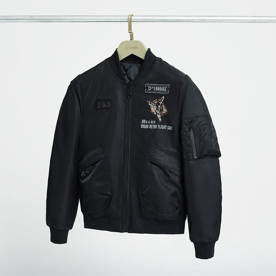 Men's  padded pilot-style bomber jacket with embroidered jet motif and dual angled front cargo pockets EB
