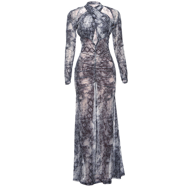 Damen Schlangehaut Maxikleid mit raffiniertem Schnitt und Deep-V-Ausschnitt EB