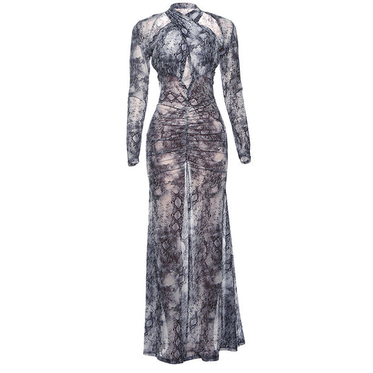 Damen Schlangehaut Maxikleid mit raffiniertem Schnitt und Deep-V-Ausschnitt EB