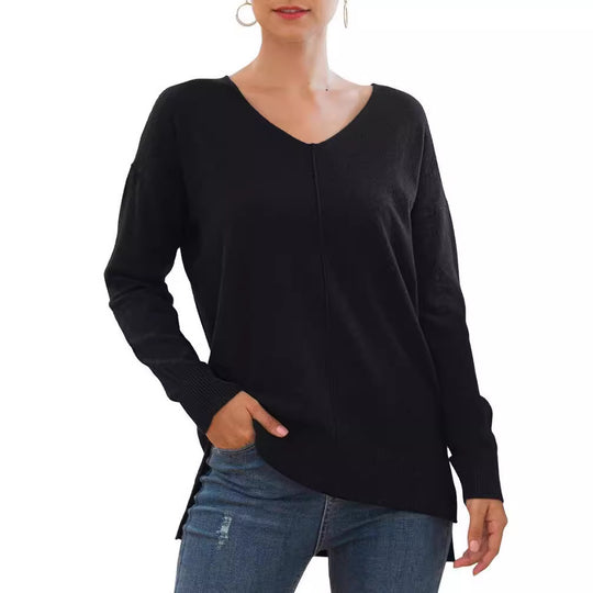 Damen eleganter V-Ausschnitt Pullover mit asymmetrischem Saum EB