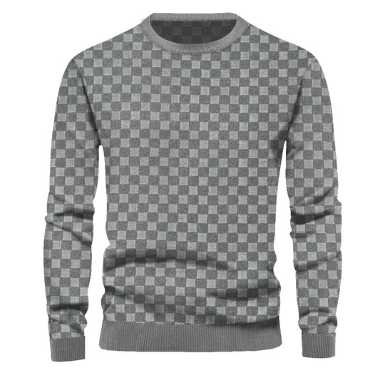 Herren nan feinstrukturierter Rundhals-Pullover mit Karo-Relief und gerippten Bündchen EB