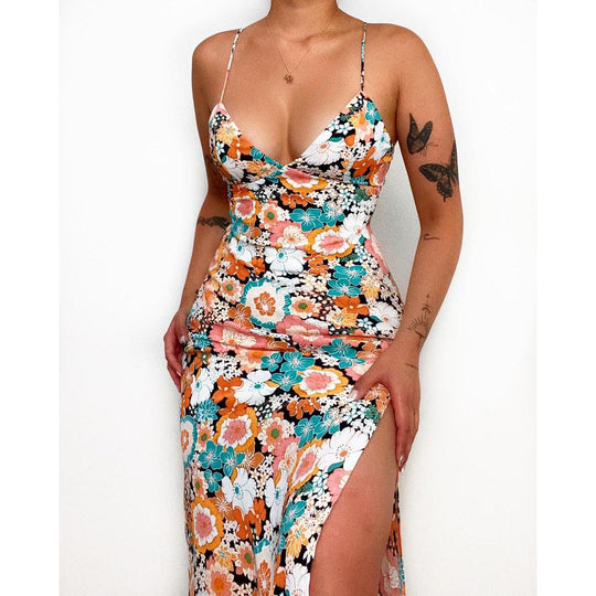 Damen Maxikleid mit tiefem V-Ausschnitt und seitlichem Schlitz EB
