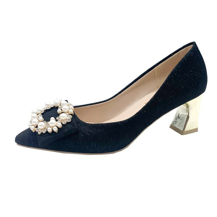 Damen elegante High Heels mit perlbesetztem Schleifenakzent und blockiertem Absatz EB