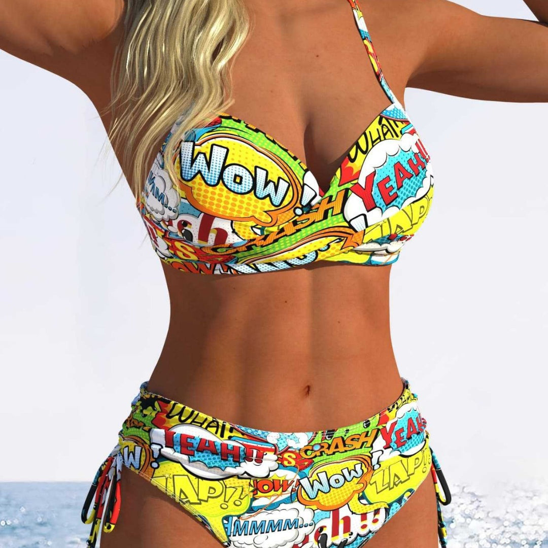 Damen Bikini-Set mit verspieltem Comic-Print und verstellbaren Seitenschnüren EB