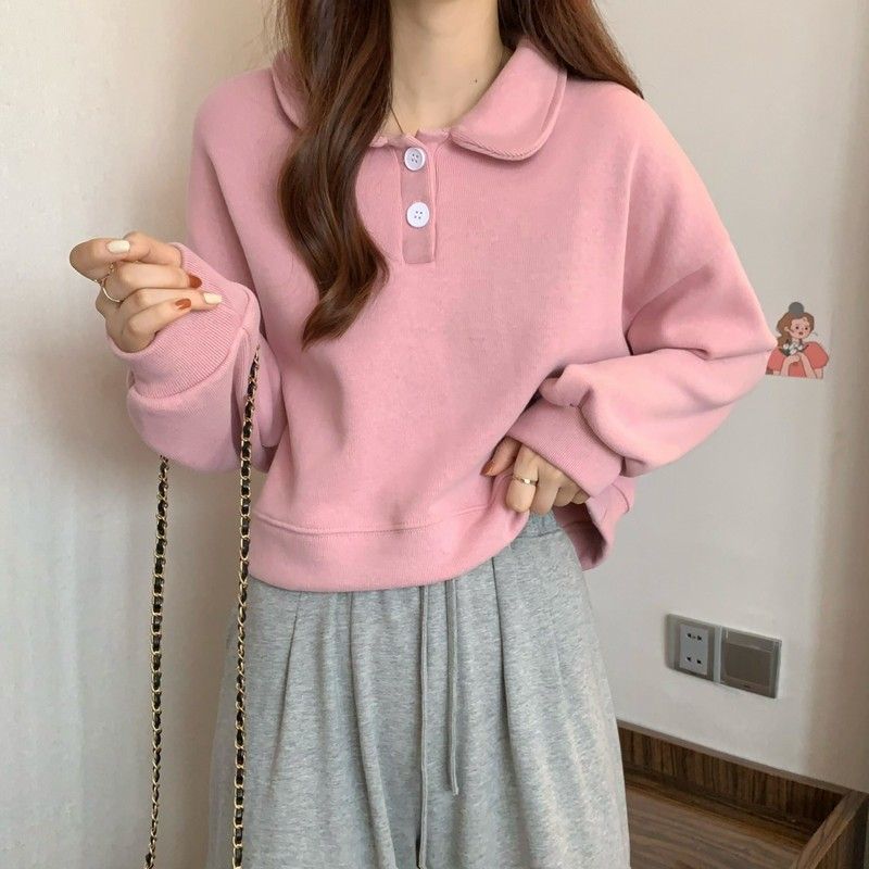 Damen Kurzarm Sweatshirt mit modischem Kragen und dekorativen Knöpfen EB
