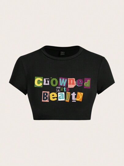 Damen Crop-T-Shirt mit kreativem unvergesslichem Statement EB