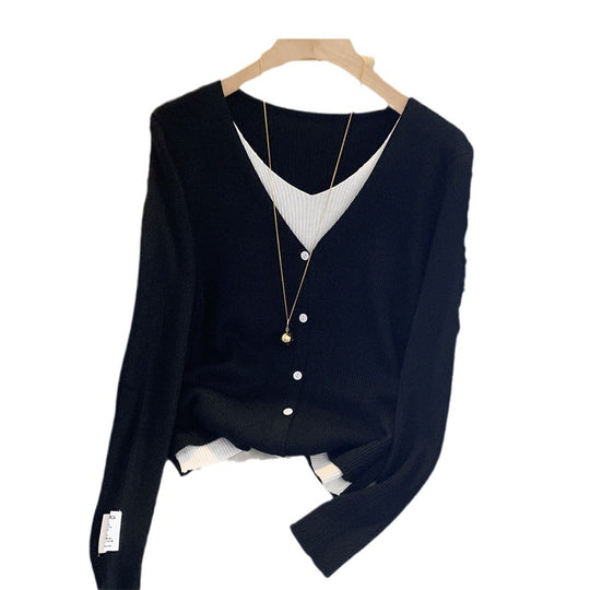 Damen lässige Strickjacke mit feiner Rippstruktur und tiefem V-Ausschnitt EB