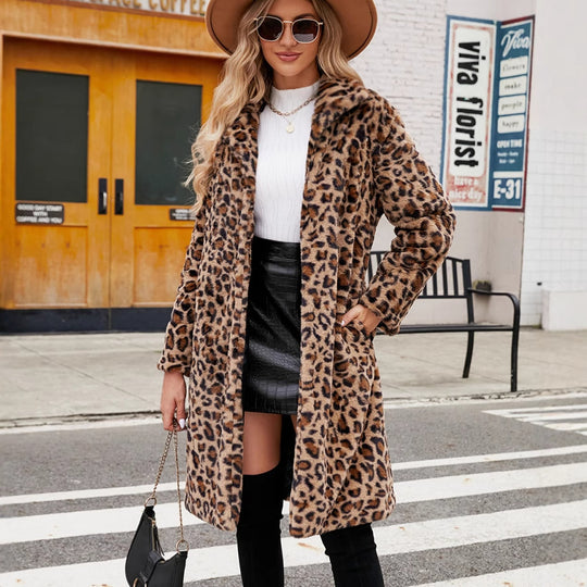 Damen Flauschiger Plüschmantel im Leoparden-Look EB