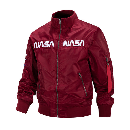 Men's  retro-space pilot bomber with embroidered NASA chest panels and sleeve utility pocket EB
