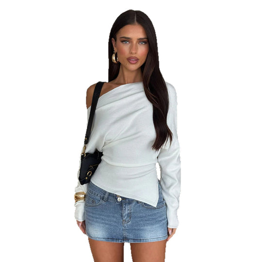 Damen nan figurnahes Stretch-Top mit weitem U-Boot-Ausschnitt und asymmetrischem Saum EB