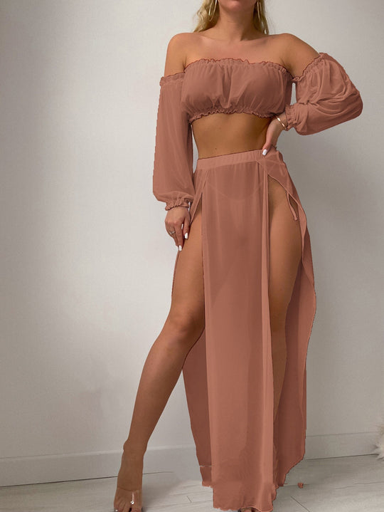Damen Elegantes Strandkleid mit schulterfreiem Design und tiefen Seitenschlitzen EB