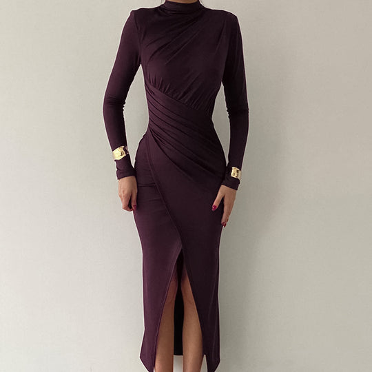 Damen Langarm-Maxikleid mit elegantem Drapierungsdetail und hochgeschlossenem Ausschnitt EB