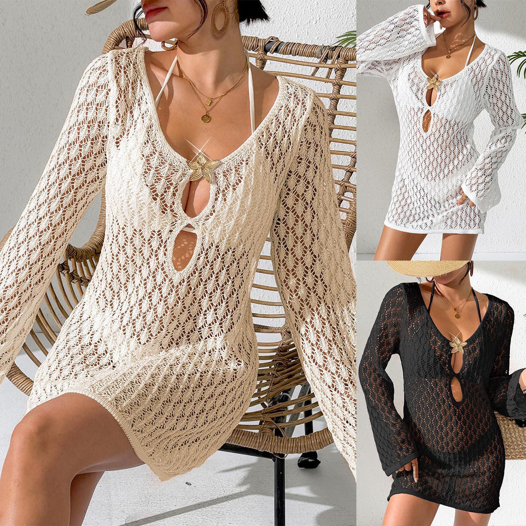 Damen gehäkelter Strandüberwurf mit stylischem V-Ausschnitt und eleganten Ärmeln EB