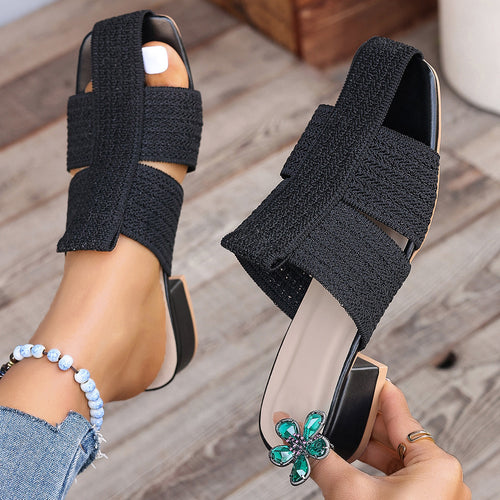 Damen offene Mules mit Blockabsatz und verzierten Riemen EB