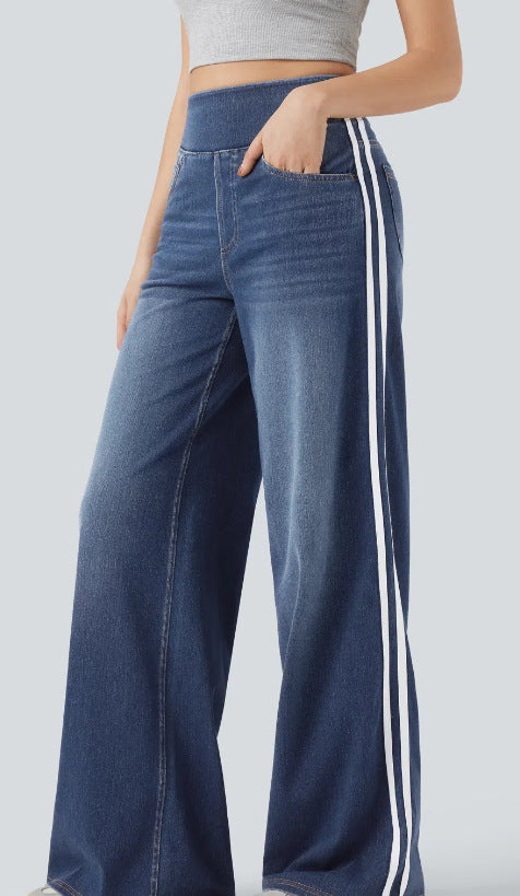 Damen weite Denim-Hose mit seitlichem Streifen und hohem Bund EB