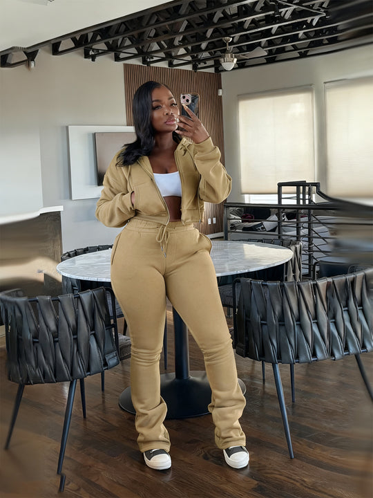 Damen nan kurz geschnittenes Zip-Hoodie und Highwaist-Jogginghose-Set mit Kordelzug und leicht gerafften Knöchelabschlüssen EB
