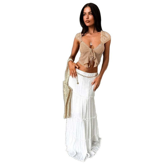Damen Spitzen-Crop-Top mit romantischem Design und zarten Rüschendetails EB