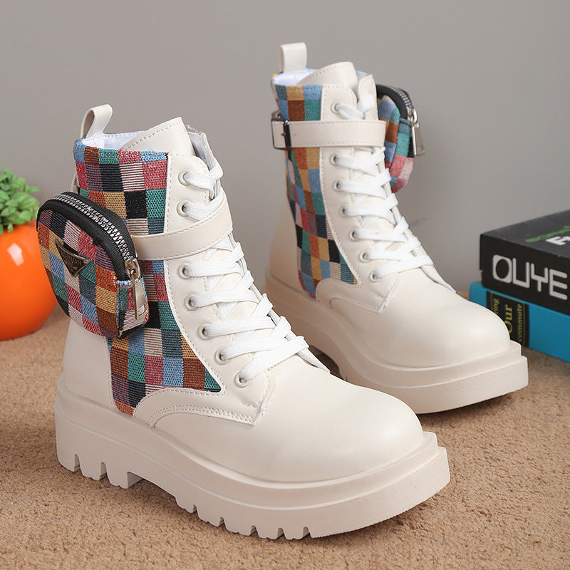 Damen modische Schnürstiefeletten mit buntem Riemendesign und praktischer Seitentasche EB