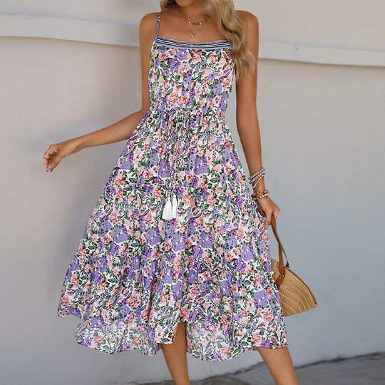 Damen Maxikleid mit floralem Design und verstellbarem Taillenzug EB