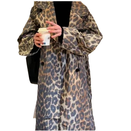 Damen Modische Leo-Muster Trenchjacke EB