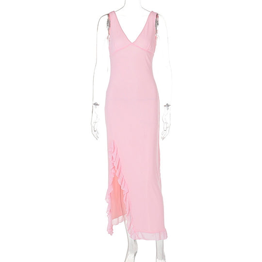Damen Maxikleid mit tiefem Schlitz und eleganten Rüschendetails EB