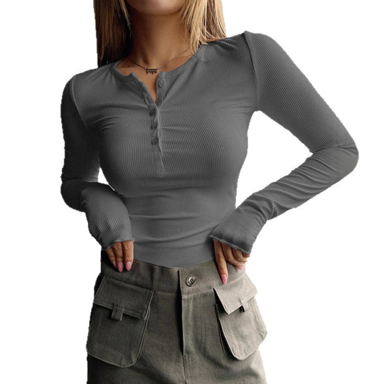 Damen Figurnahe Rippstrick-Henleyshirt mit Knopfleiste und Langarm EB