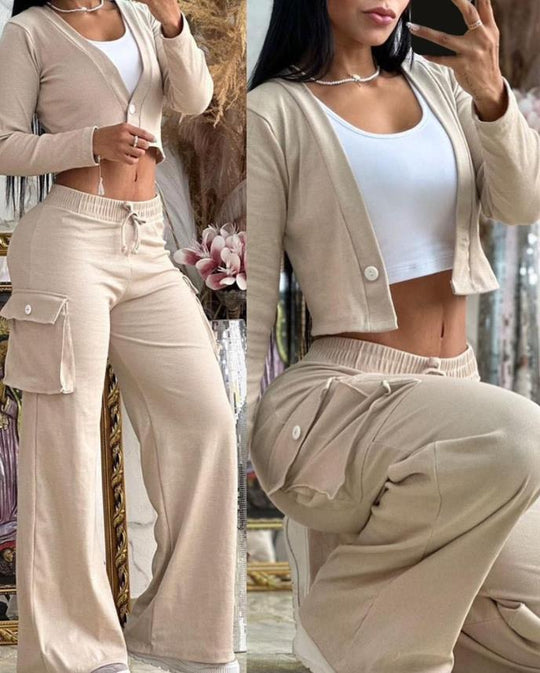 Damen Lounge-Set mit weicher Cargo-Sweathose mit weitem Bein und Cropped-Cardigan EB