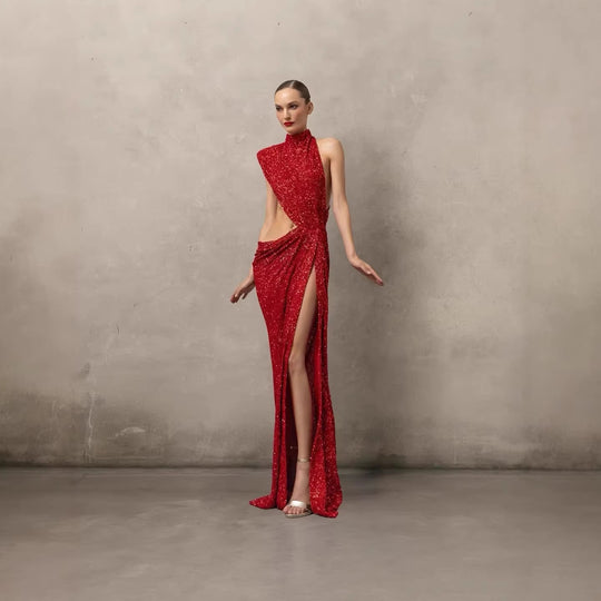 Damen glamouröses Abendkleid mit asymmetrischem Schnitt und glitzerndem Stoff EB