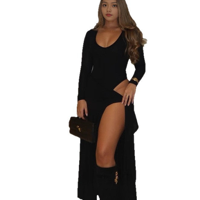 Damen Elegantes Maxikleid mit tiefem V-Ausschnitt und seitlichem Schlitz EB