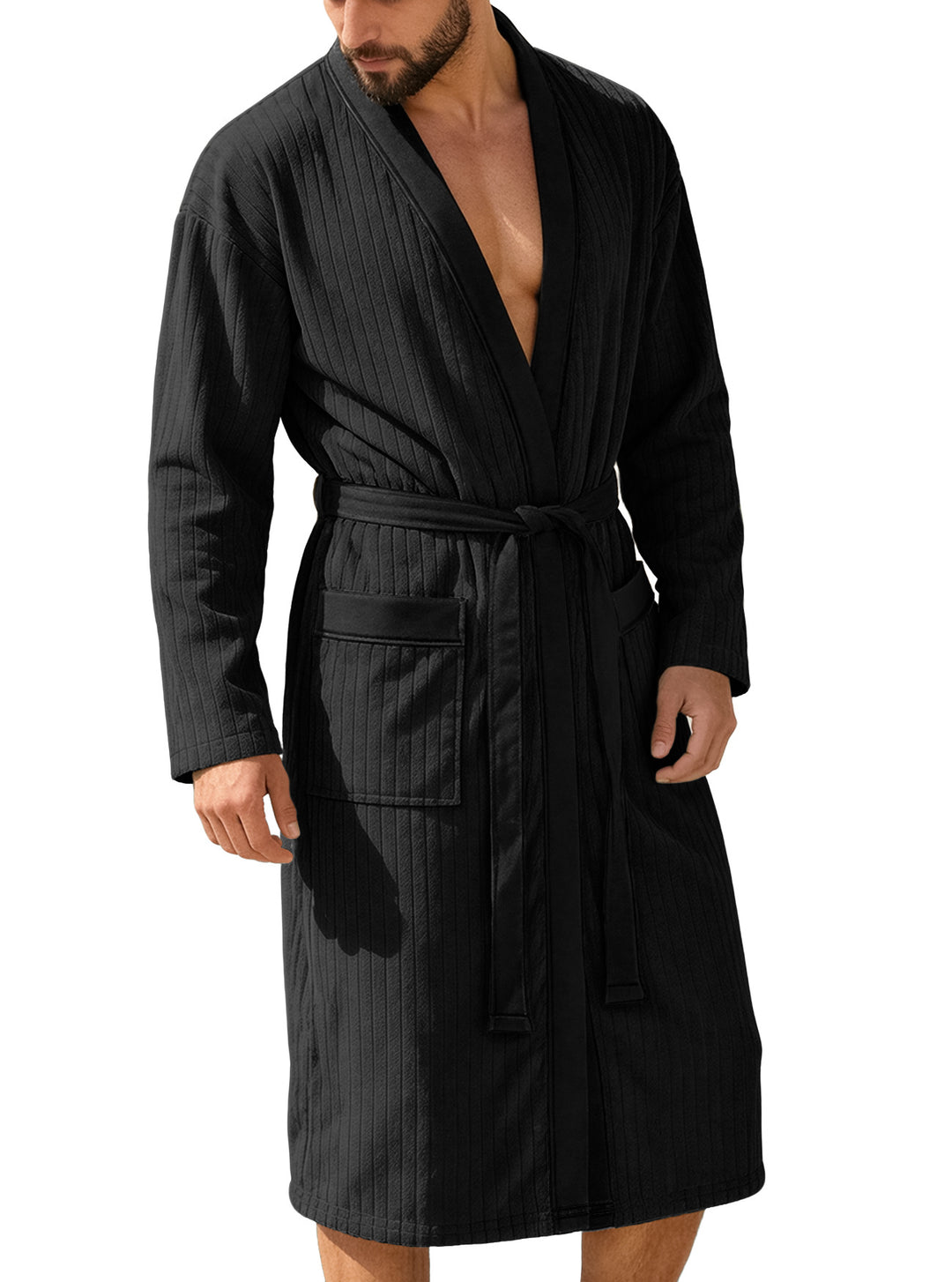 Herren nan wadenlanger Rippen-Bademantel im Kimono-Stil mit Schalkragen und Kontrastpaspel EB
