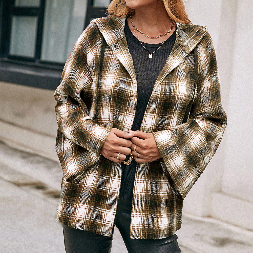 Damen Karo Overshirtjacke im lässigen Stil mit Kapuze und weiten Ärmeln EB