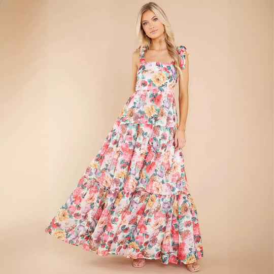 Damen Boho Maxikleid mit verspielten Rüschendetails und Trägern EB