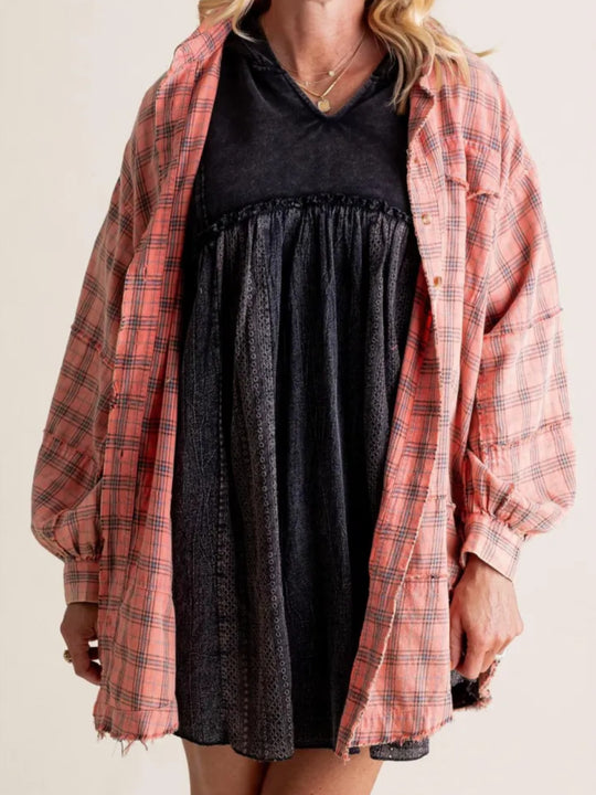 Damen nan oversized Karo-Überhemd mit Fransenbesatz, Brusttaschen und lockerer Passform EB