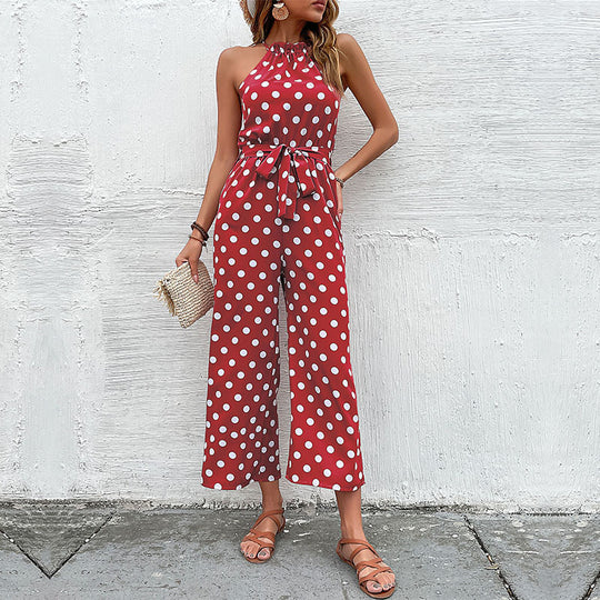 Damen eleganter Jumpsuit mit verstellbarem Bindegürtel und modischem Punkte-Design EB