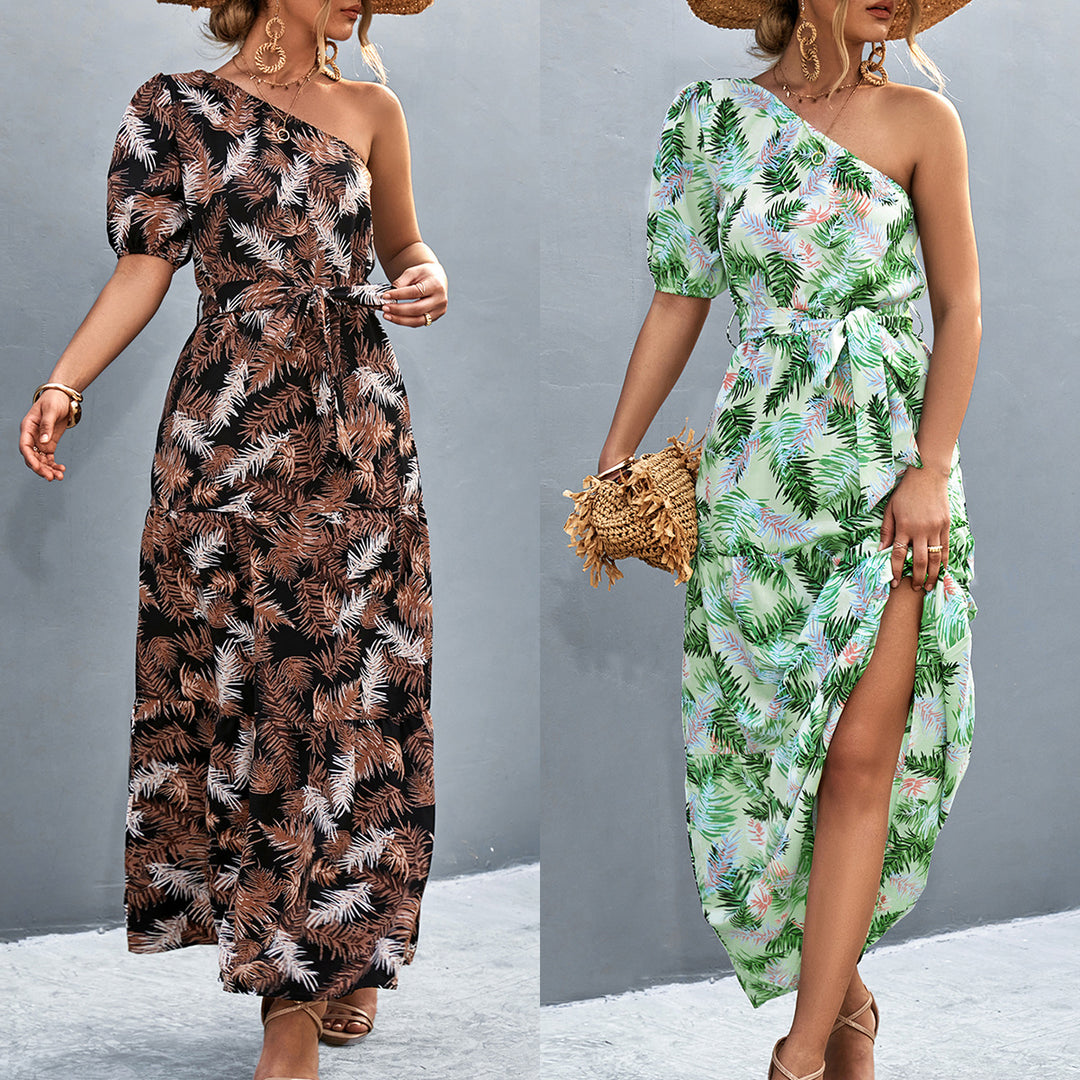 Damen Maxikleid mit asymmetrischem Schnitt und einzigartigem Palmblätterdruck EB