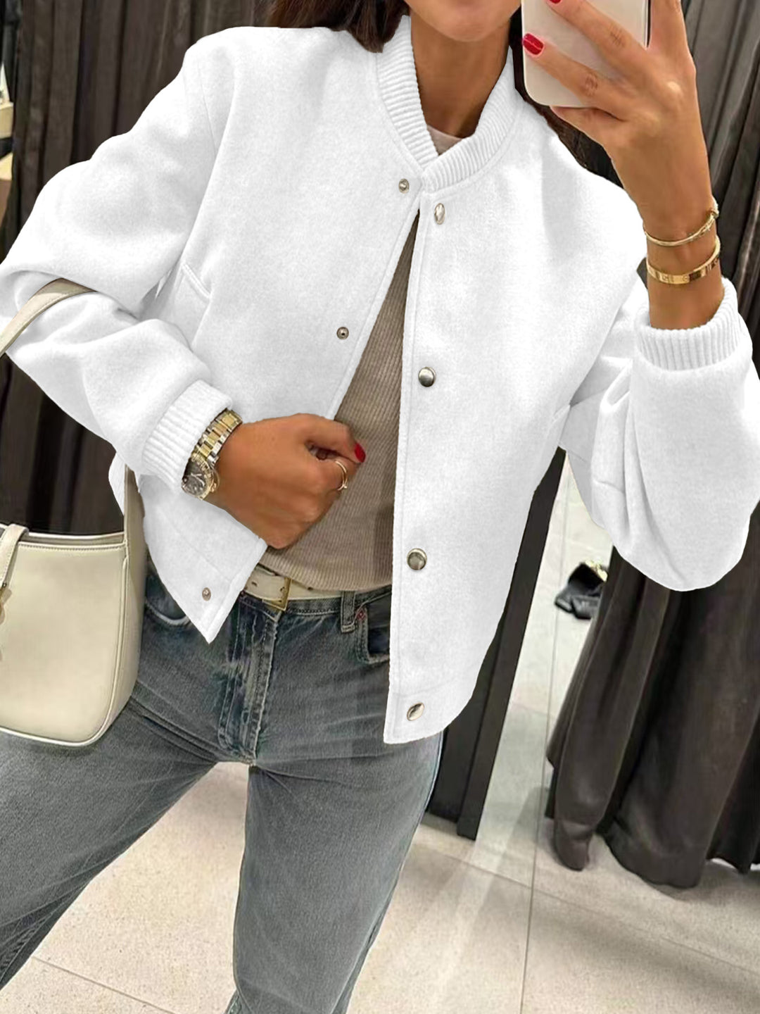 Damen Kurzjacke im Bomberstil aus Teddyfleece mit Rippbündchen EB