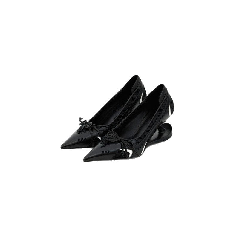 Damen elegante High Heel Ballerinas mit glänzender Oberfläche und Rüschendetail EB