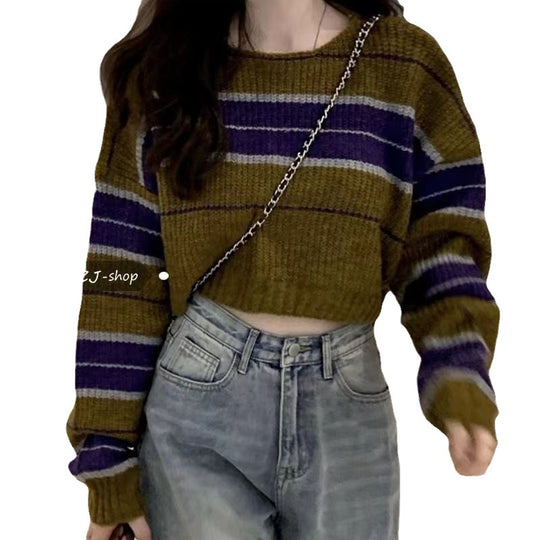 Damen kurz geschnittener Strickpullover mit horizontalem Streifenmuster EB